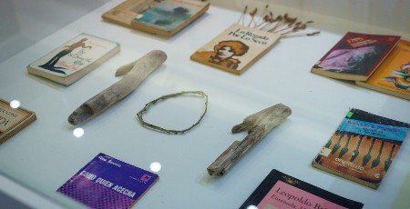 Vitrina de la muestra "101 perlas" con libros de autores bonaerenses 