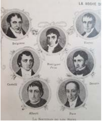 Retrato grupal de la Sociedad de los Siete que incluye a Belgrano